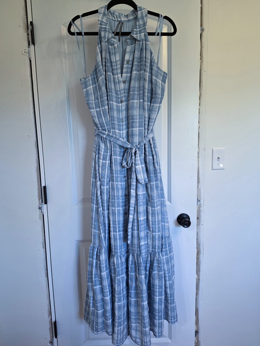 Anthropologie Sleeveless Light Blue Plaid Button-Front Maxi Dress - Picture 4 of 9